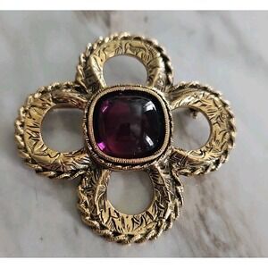 Vintage 1928 Brand Cross Brooch Pin Gold Tone Purple Cabochon Rhinestone